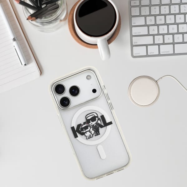 Etui Karl Lagerfeld IML Glitter Karl &   Choupette Sketch Logo MagSafe do iPhone 17 Pro przezroczysty