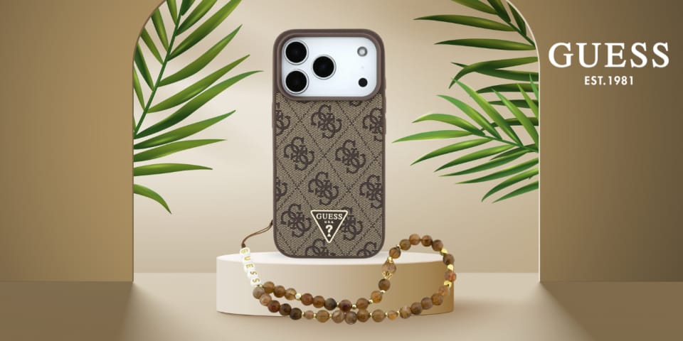 Etui Guess 4G Strap Triangle Logo        MagSafe do iPhone 17 Pro brązowy