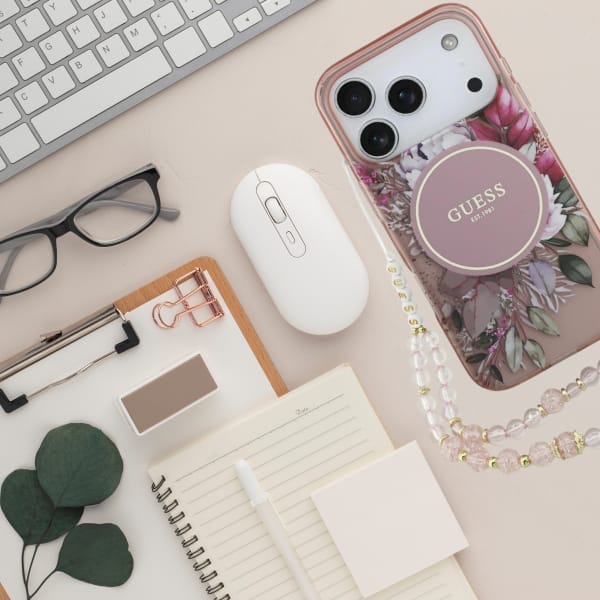 Etui Guess IML Flowers Pearl Strap       MagSafe do iPhone 17 Pro różowy