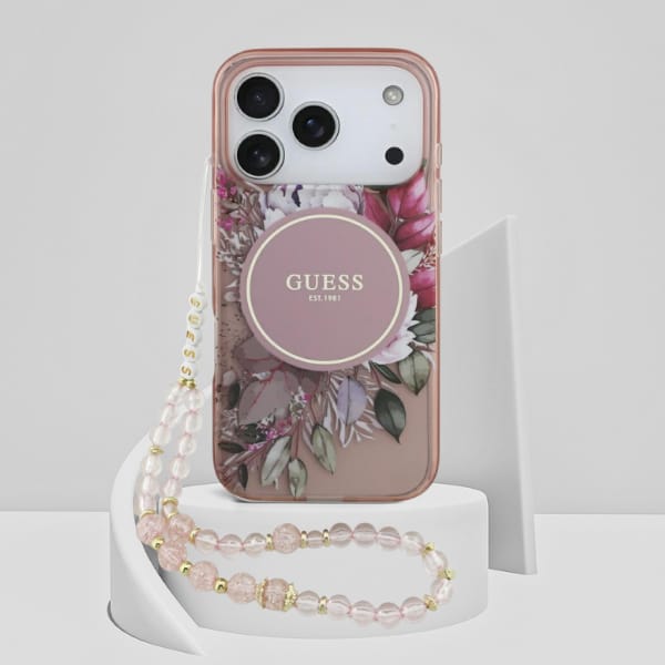 Etui Guess IML Flowers Pearl Strap       MagSafe do iPhone 17 Pro różowy