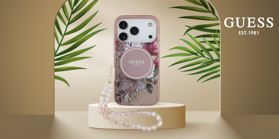 Etui Guess IML Flowers Pearl Strap       MagSafe do iPhone 17 Pro różowy