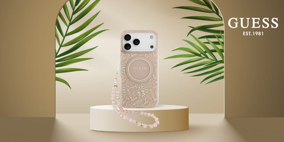 Etui Guess IML Flowers Electro Pearl     Strap MagSafe do iPhone 17 Pro Max różowy