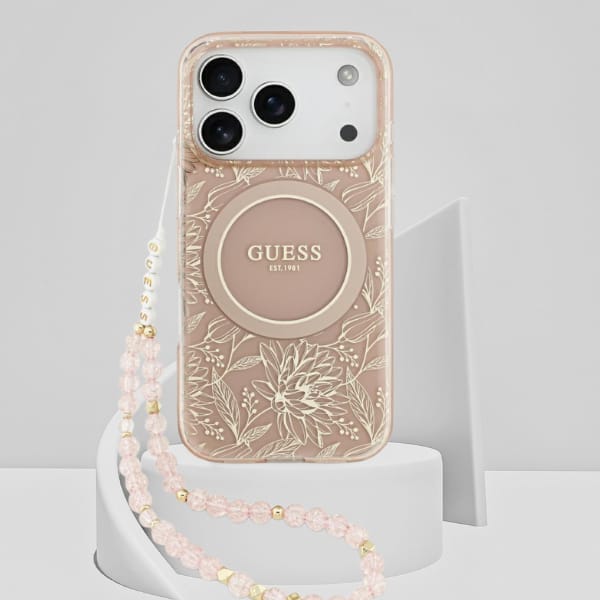 Etui Guess IML Flowers Electro Pearl     Strap MagSafe do iPhone 17 Pro różowy