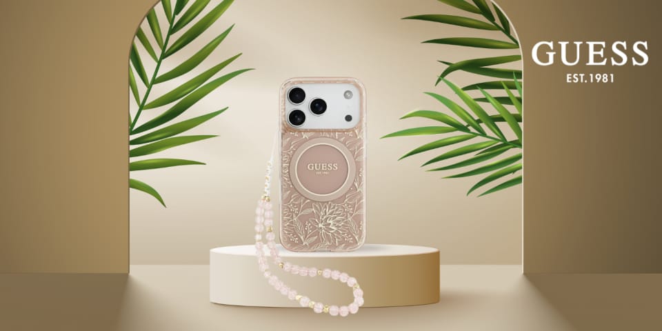 Etui Guess IML Flowers Electro Pearl     Strap MagSafe do iPhone 17 Pro różowy