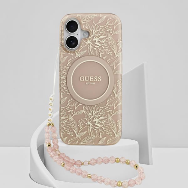 Etui Guess IML Flowers Electro Pearl     Strap MagSafe do iPhone 17 różowy