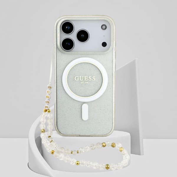Etui Guess IML Glitter Pearl Strap       MagSafe do iPhone 17 Pro Max przezroczysty