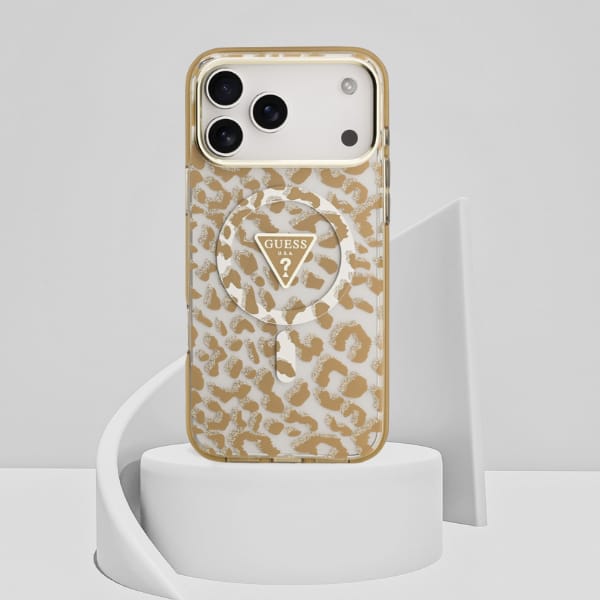 Etui Guess Leopard Glitter MagSafe do iPhone 17 Pro brązowy