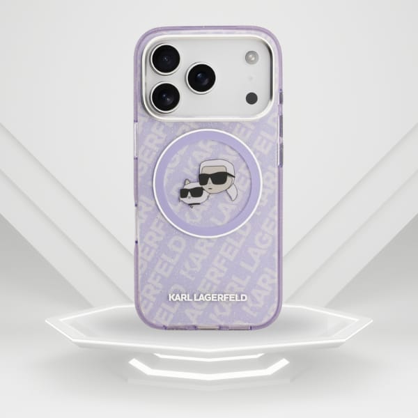 Etui Karl Lagerfeld IML Glitter Karl &   Choupette Heads Logo MagSafe do iPhone 17 Pro fioletowy