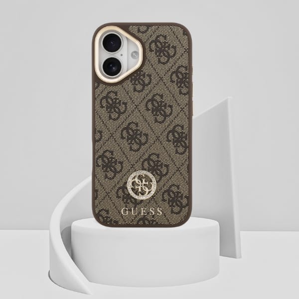 Etui Guess 4G Strass Logo & Big Strap    Metal Buttons MagSafe do iPhone 17 brązowy