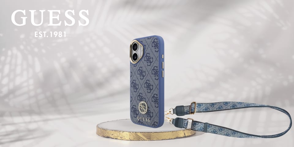 Etui Guess 4G Strass Logo & Big Strap    Metal Buttons MagSafe do iPhone 17 niebieski