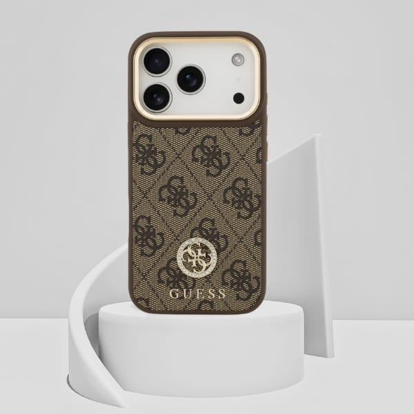 Etui Guess 4G Strass Logo & Big Strap    Metal Buttons MagSafe do iPhone 17 Pro brązowy