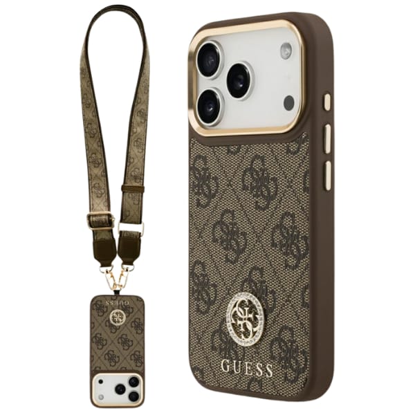 Etui Guess 4G Strass Logo & Big Strap    Metal Buttons MagSafe do iPhone 17 Pro brązowy