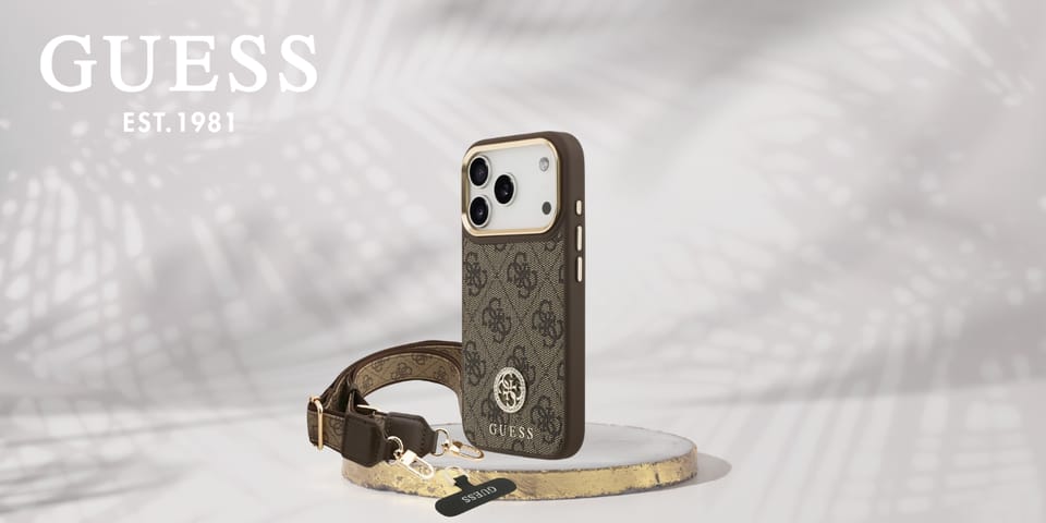 Etui Guess 4G Strass Logo & Big Strap    Metal Buttons MagSafe do iPhone 17 Pro brązowy