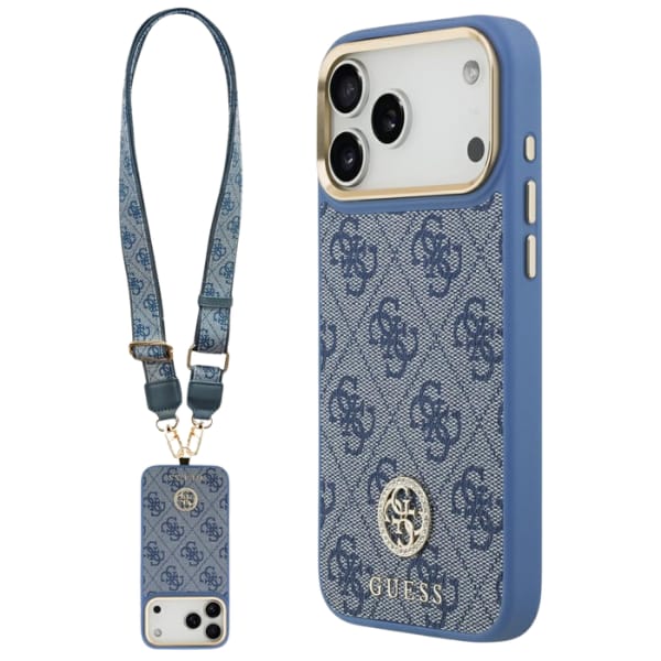 Etui Guess 4G Strass Logo & Big Strap    Metal Buttons MagSafe do iPhone 17 Pro Max niebieski