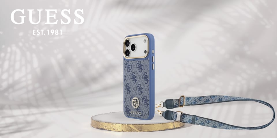 Etui Guess 4G Strass Logo & Big Strap    Metal Buttons MagSafe do iPhone 17 Pro Max niebieski