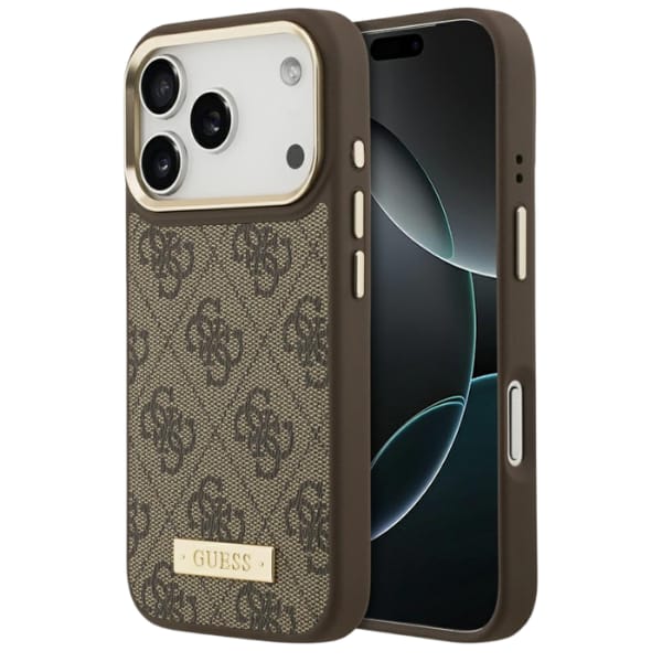 Etui Guess 4G Logo Plate MagSafe do iPhone 17 Pro brązowy