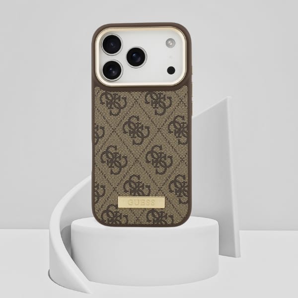 Etui Guess 4G Logo Plate MagSafe do iPhone 17 Pro brązowy