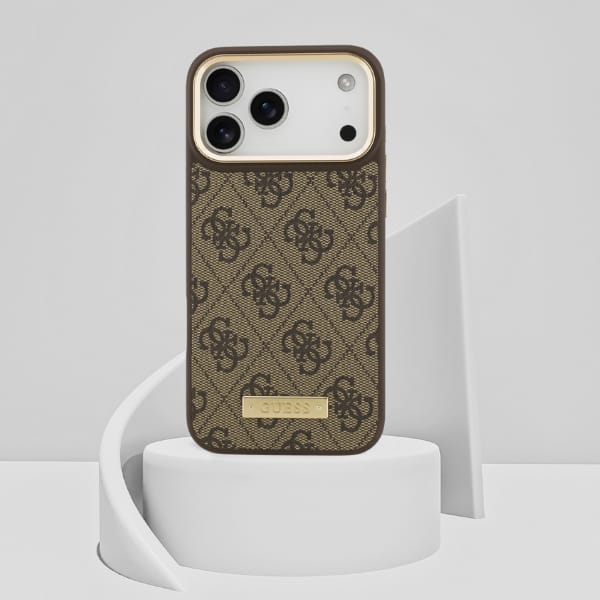 Etui Guess 4G Logo Plate MagSafe do iPhone 17 Pro Max brązowy