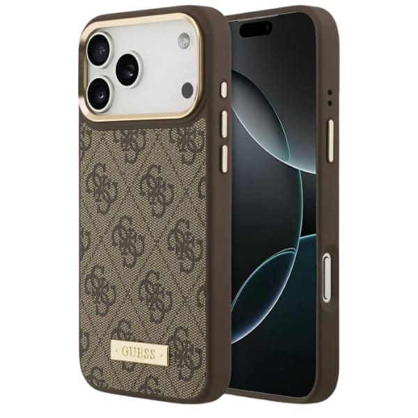 Etui Guess 4G Logo Plate MagSafe do iPhone 17 Pro Max brązowy