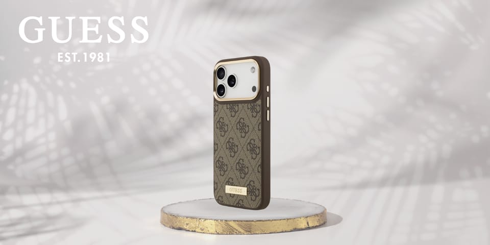 Etui Guess 4G Logo Plate MagSafe do iPhone 17 Pro Max brązowy