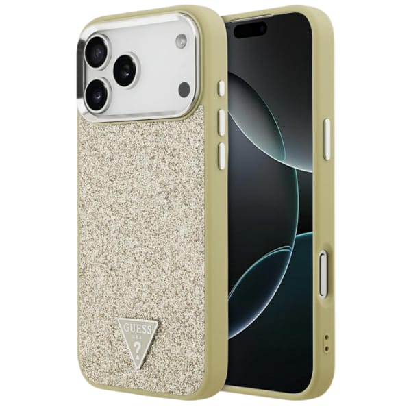 Etui Guess Glitter Triangle Logo MagSafe do iPhone 17 Pro Max złoty