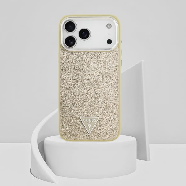 Etui Guess Glitter Triangle Logo MagSafe do iPhone 17 Pro Max złoty