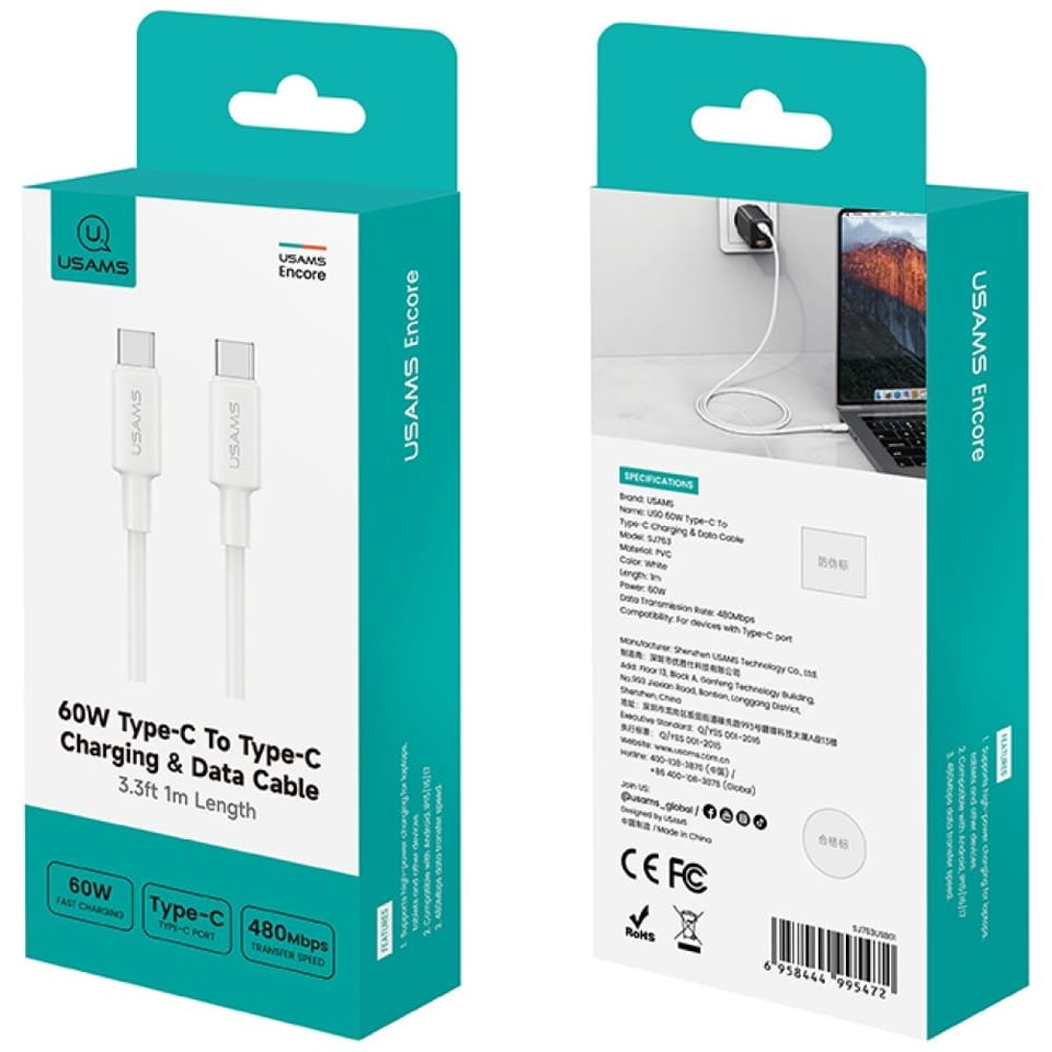 Kabel USAMS U90 60W USB-C do USB-C biały