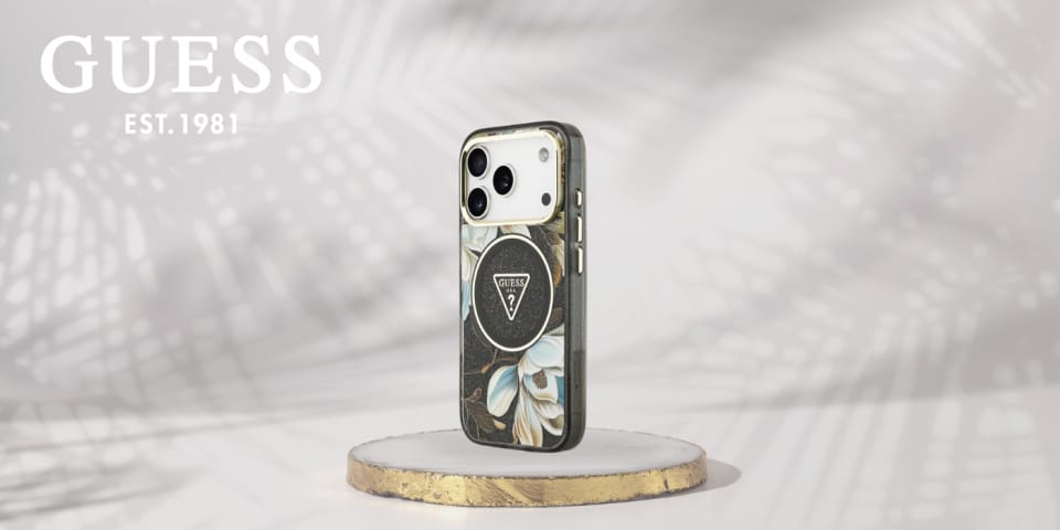 Etui Guess IML Glitter Flowers Triangle  MagSafe do iPhone 17 Pro Max czarny