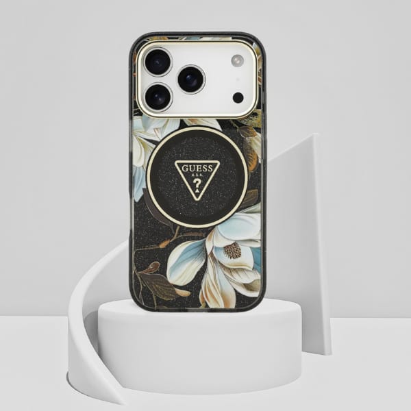 Etui Guess IML Glitter Flowers Triangle  MagSafe do iPhone 17 Pro Max czarny