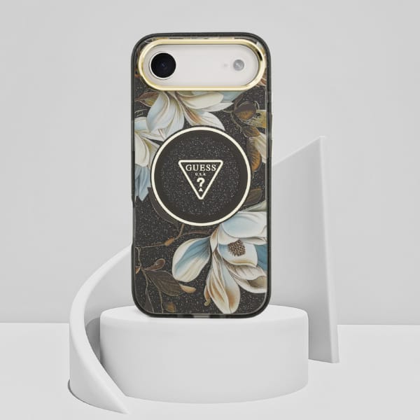 Etui Guess IML Glitter Flowers Triangle  MagSafe do iPhone Air czarny