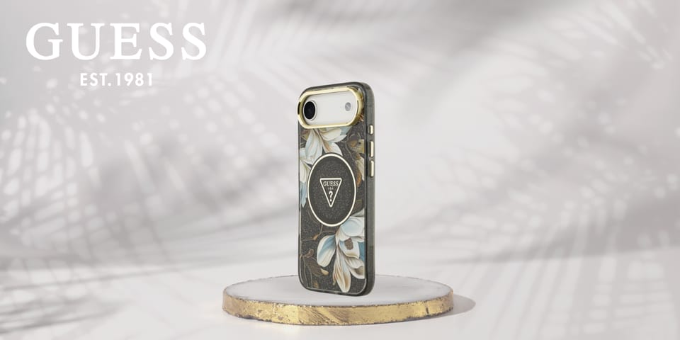 Etui Guess IML Glitter Flowers Triangle  MagSafe do iPhone Air czarny