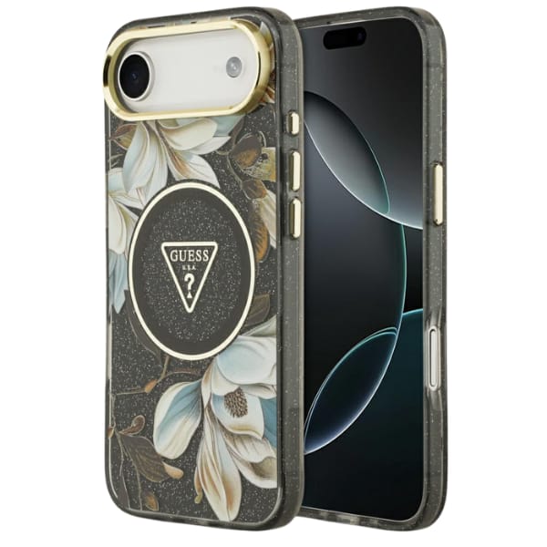 Etui Guess IML Glitter Flowers Triangle  MagSafe do iPhone Air czarny