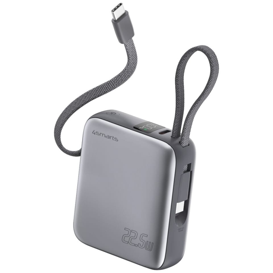 Powerbank 4smarts Pocket Dual Cord       10000mAh 22.5W z wbudowanym kablem USB-C 15cm szary