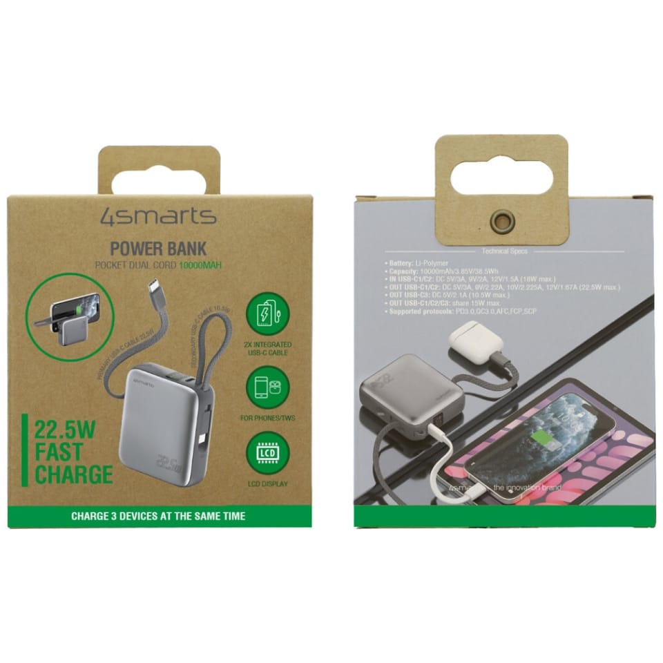 Powerbank 4smarts Pocket Dual Cord       10000mAh 22.5W z wbudowanym kablem USB-C 15cm szary