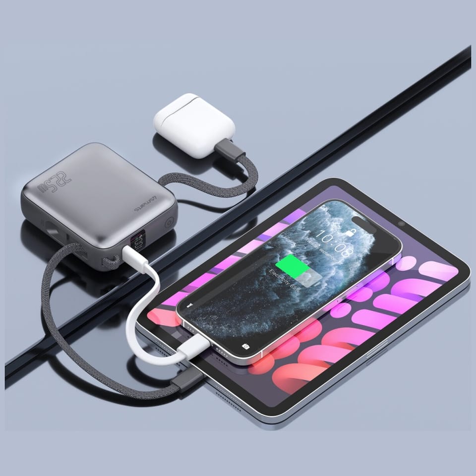 Powerbank 4smarts Pocket Dual Cord       10000mAh 22.5W z wbudowanym kablem USB-C 15cm szary