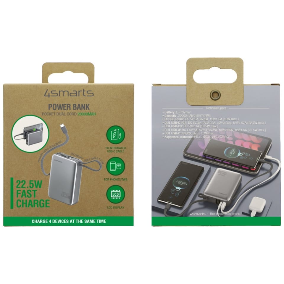 Powerbank 4smarts Pocket Dual Cord       20000mAh 22.5W z wbudowanym kablem USB-C 15cm szary