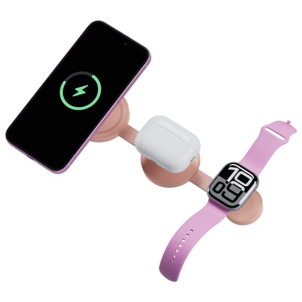 Ładowarka indukcyjna Bazic GoMag Trio 2  3w1 15W magnetyczna do iPhone/Watch/AirPods różowy