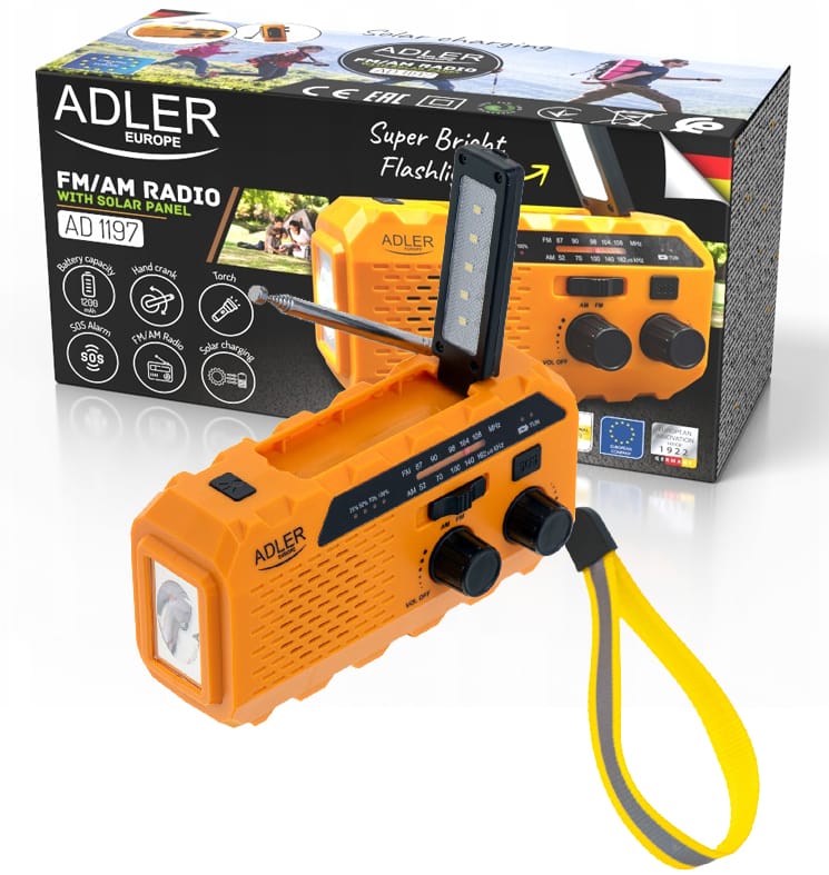 Radio solarne z korbką Adler AD 1197 O power bank, latarka.