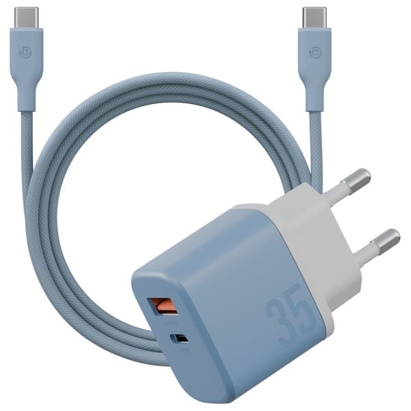 Ładowarka sieciowa Bazic GoPort Velox    Kit USB-C/USB-A GaN 35W z kablem niebieski