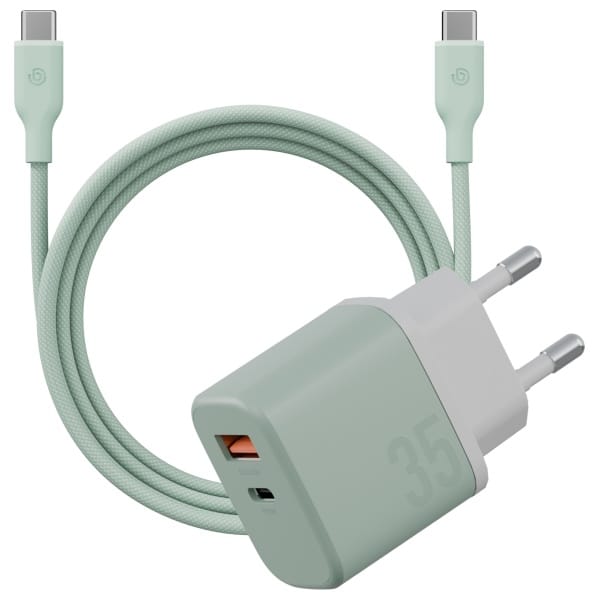 Ładowarka sieciowa Bazic GoPort Velox    Kit USB-C/USB-A GaN 35W z kablem zielony