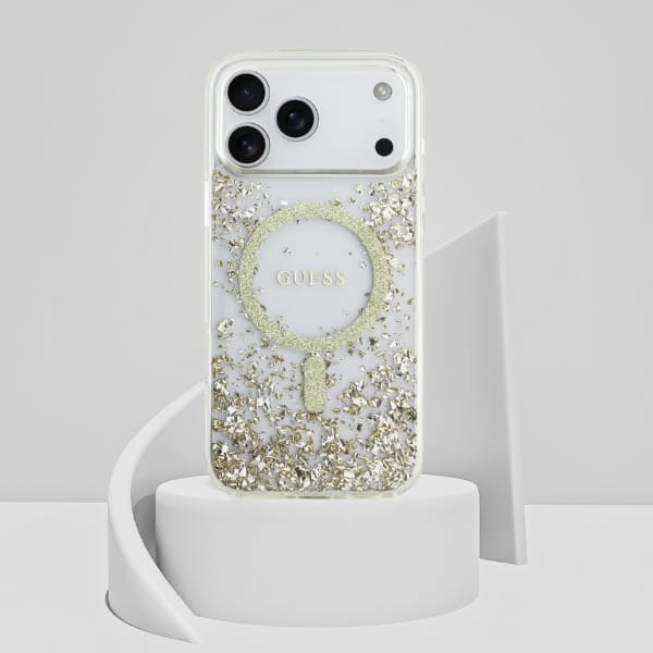 Etui Guess Resin Bottom Glitter MagSafe do iPhone 17 Pro Max złoty