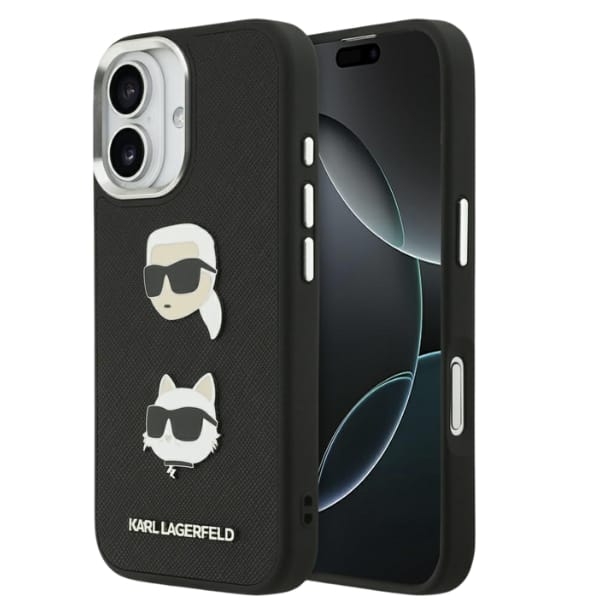 Etui Karl Lagerfeld FW Grained Karl &    Choupette Heads Pins & Logo do iPhone 17 czarny