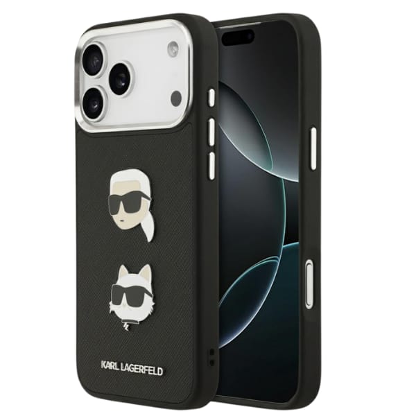 Etui Karl Lagerfeld FW Grained Karl &    Choupette Heads Pins & Logo do iPhone 17 Pro Max czarny