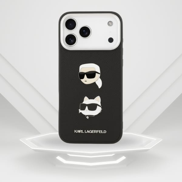 Etui Karl Lagerfeld FW Grained Karl &    Choupette Heads Pins & Logo do iPhone 17 Pro Max czarny