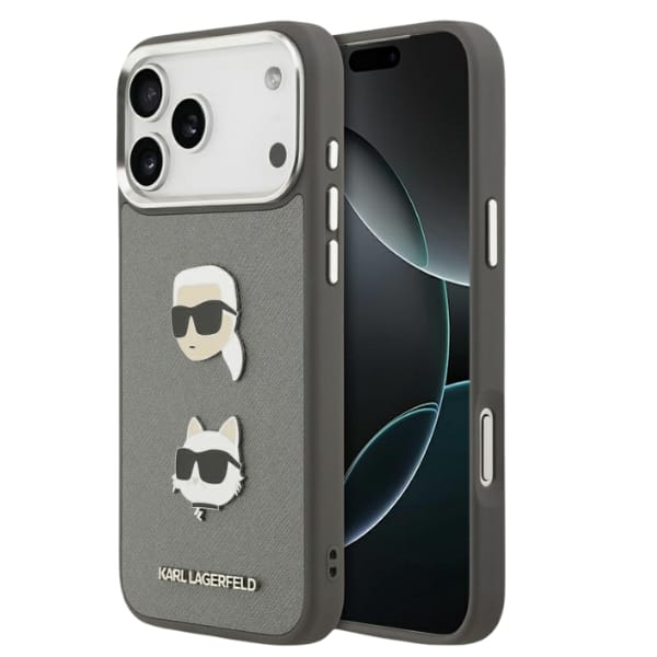 Etui Karl Lagerfeld FW Grained Karl &    Choupette Heads Pins & Logo do iPhone 17 Pro Max szary
