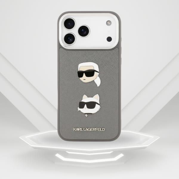 Etui Karl Lagerfeld FW Grained Karl &    Choupette Heads Pins & Logo do iPhone 17 Pro Max szary