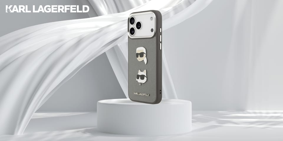 Etui Karl Lagerfeld FW Grained Karl &    Choupette Heads Pins & Logo do iPhone 17 Pro Max szary