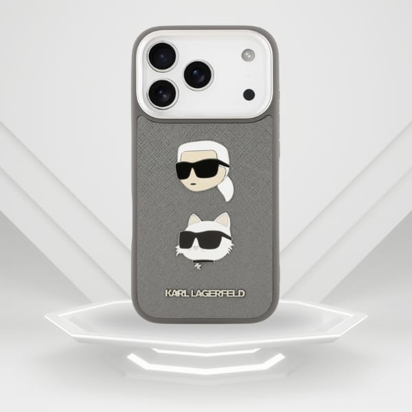 Etui Karl Lagerfeld FW Grained Karl &    Choupette Heads Pins & Logo do iPhone 17 Pro szary