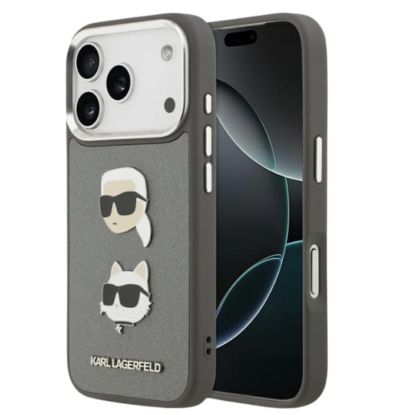 Etui Karl Lagerfeld FW Grained Karl &    Choupette Heads Pins & Logo do iPhone 17 Pro szary