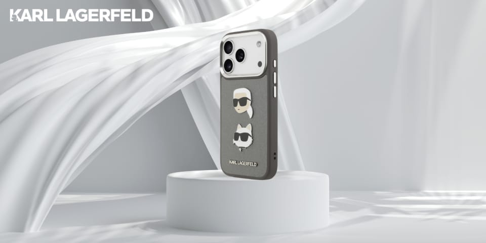 Etui Karl Lagerfeld FW Grained Karl &    Choupette Heads Pins & Logo do iPhone 17 Pro szary